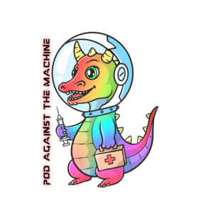 A cute rainbow dragon in a bubble helmet, carrying a doctor bag and syringe.