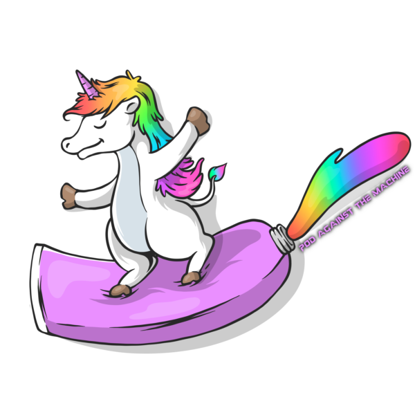 A rainbow-haired unicorn surfing on a pink toothpaste tube with rainbow goop shooting out of it.