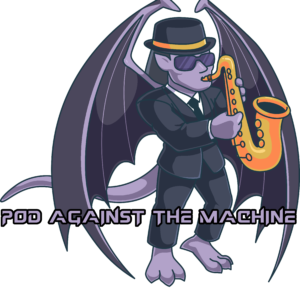 A purple-skinned gargoyle wearing a suit, sunglasses, and a bowler hat and playing a saxophone.