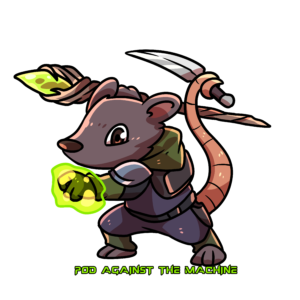 Anthropomorphic rat with magic around one hand and a wand in the other, with a kitchen knife tied to his tail.