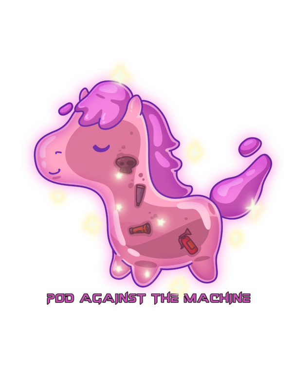 Pink, transparent blob horse with various bits of adventuring gear floating in its bulk.