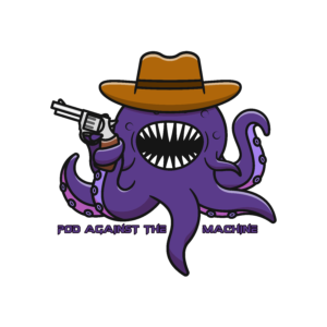 A cute purple squid monster wearing a cowboy hat and holding a gun.