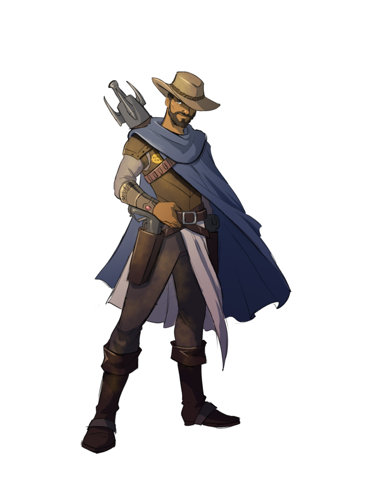 A middle-aged man with tan skin and a short beard, wearing leather armor, a cowboy hat, and a blue cloak. He wears several guns, including a large, futuristic grappling-hook gun on his back.
