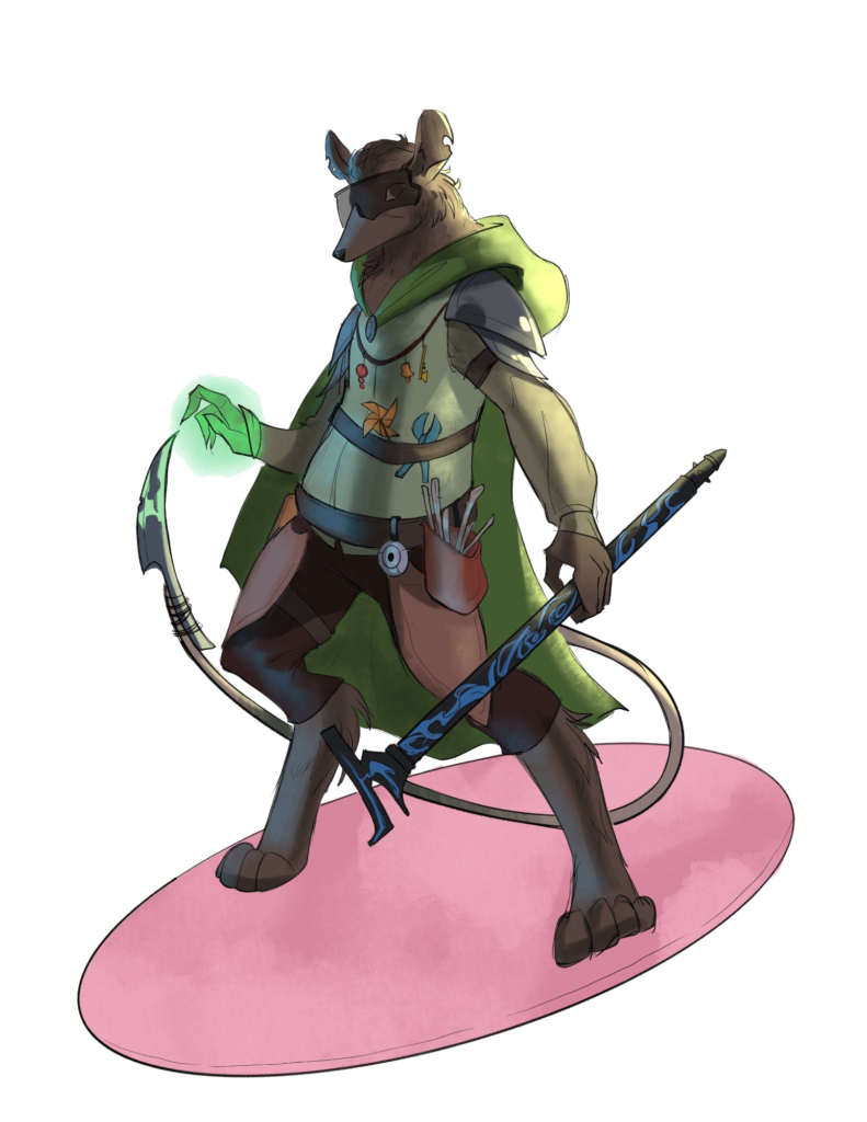 An anthropomorphic rat wearing visor sunglasses and light armor with a green cloak. He holds a metal rod in his left hand and green magical energy in a right, and surfs on a disc of pink light.