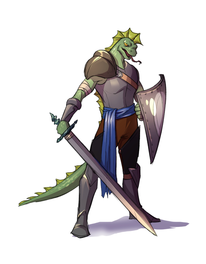 A green-skinned snake man in heavy metal armor with a lighter-green frill running down is head to his tail. He holds a large sword and a steel shield, and flicks his forked tongue out.