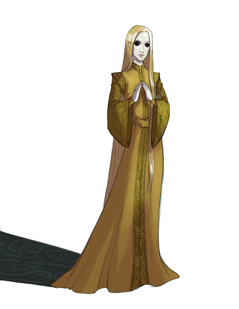 Aluwen - an extremely pale young man in yellow robes. His eyes are oversized and black, his hair is long and blond, and his shadow is strangely rectangular.