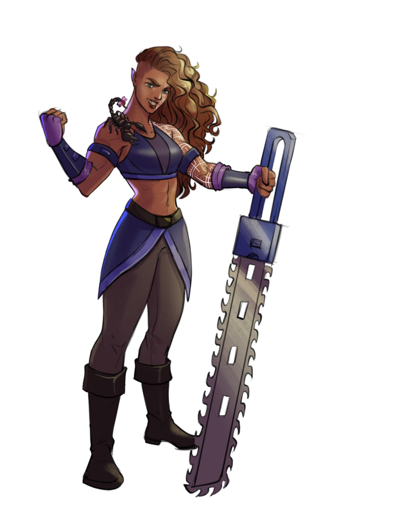 A half orc with brick-red skin and bright red hair, wearing purple-themed armor and holding a gigantic chainsaw sword with one hand. A tiny black scorpion with a pink bow on its tail rides on her shoulder. Her left half bears illuminated circuit board tattoos.